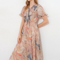 诗篇夏季新款可颜女装2021飘带领口设计水滴袖印花连衣裙