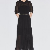 欧时力2021新款黑标系列夏装灯笼袖腰带连衣裙套装女
